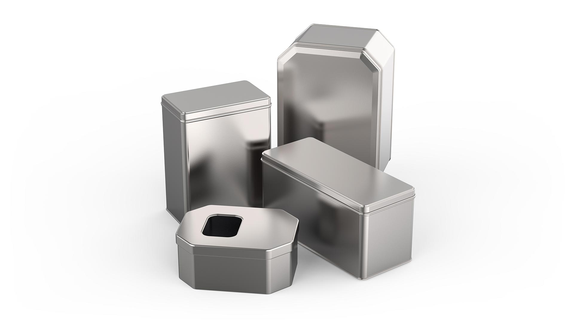 A collection of different silver rectangle tins.