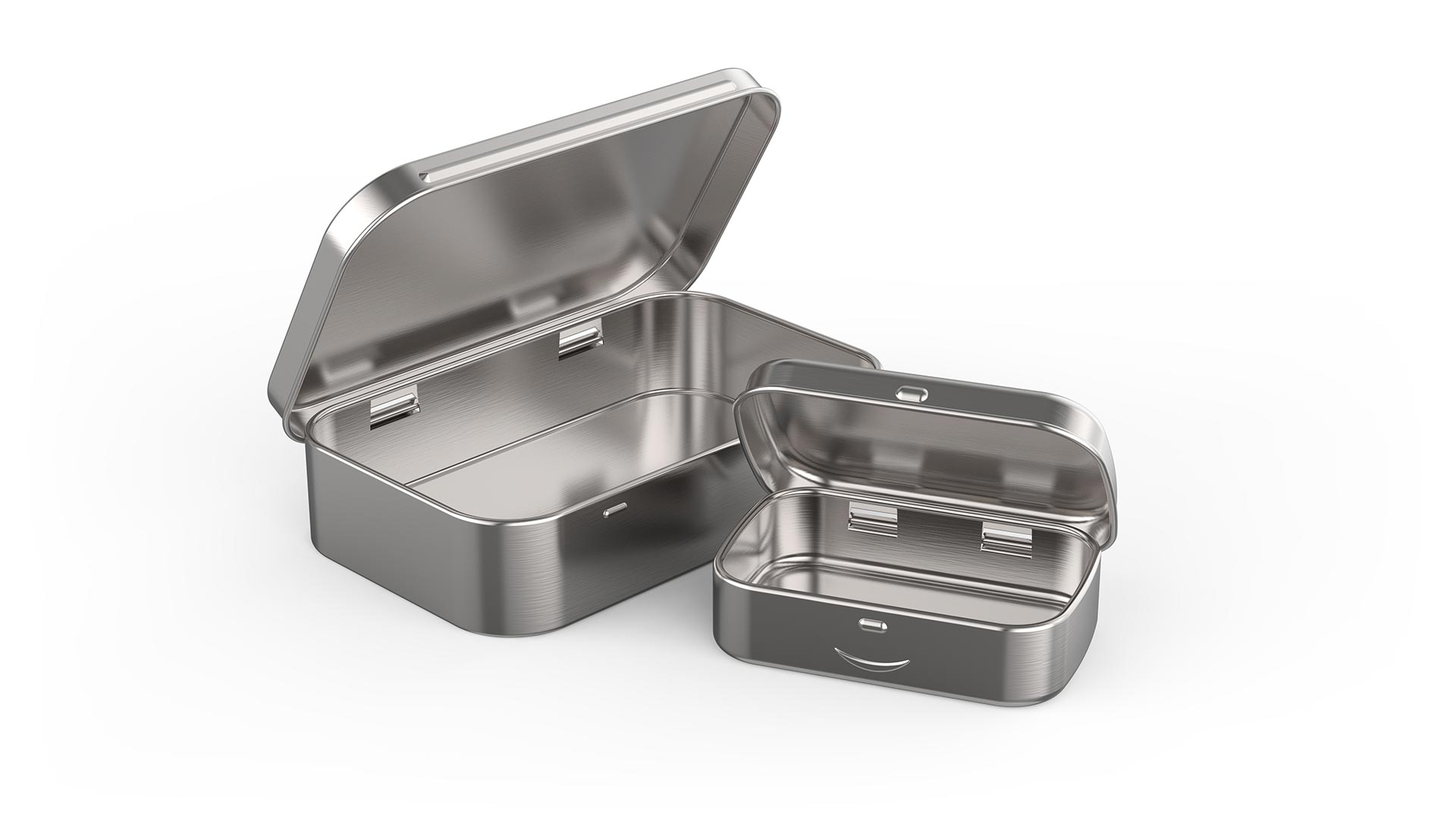 Two seamless silver tins sit next to each other.