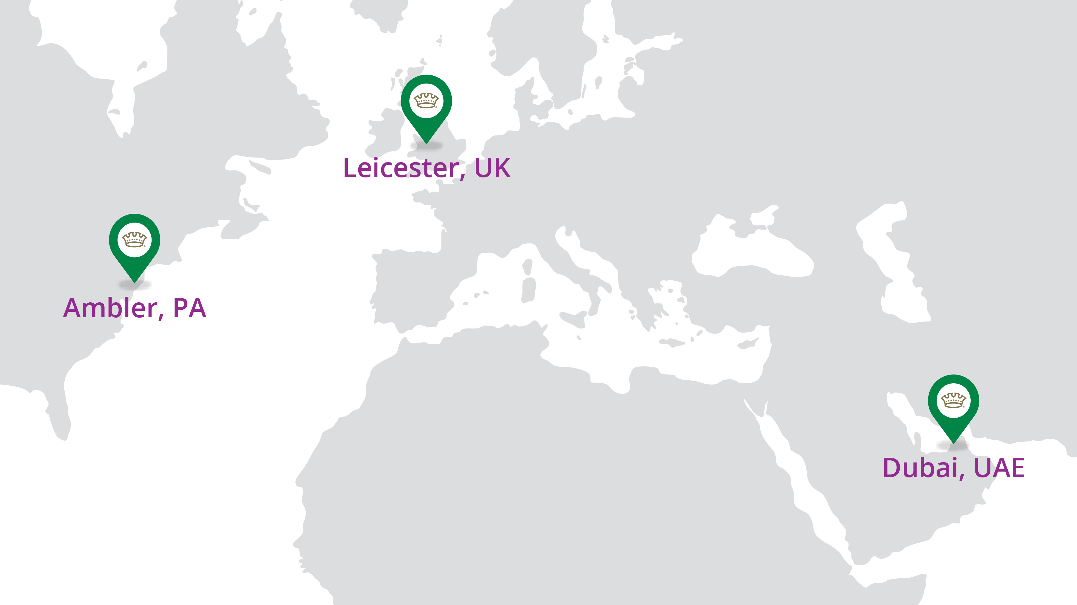 Map image with point in Amber, PA; Leicester, UK; Dubai UAE