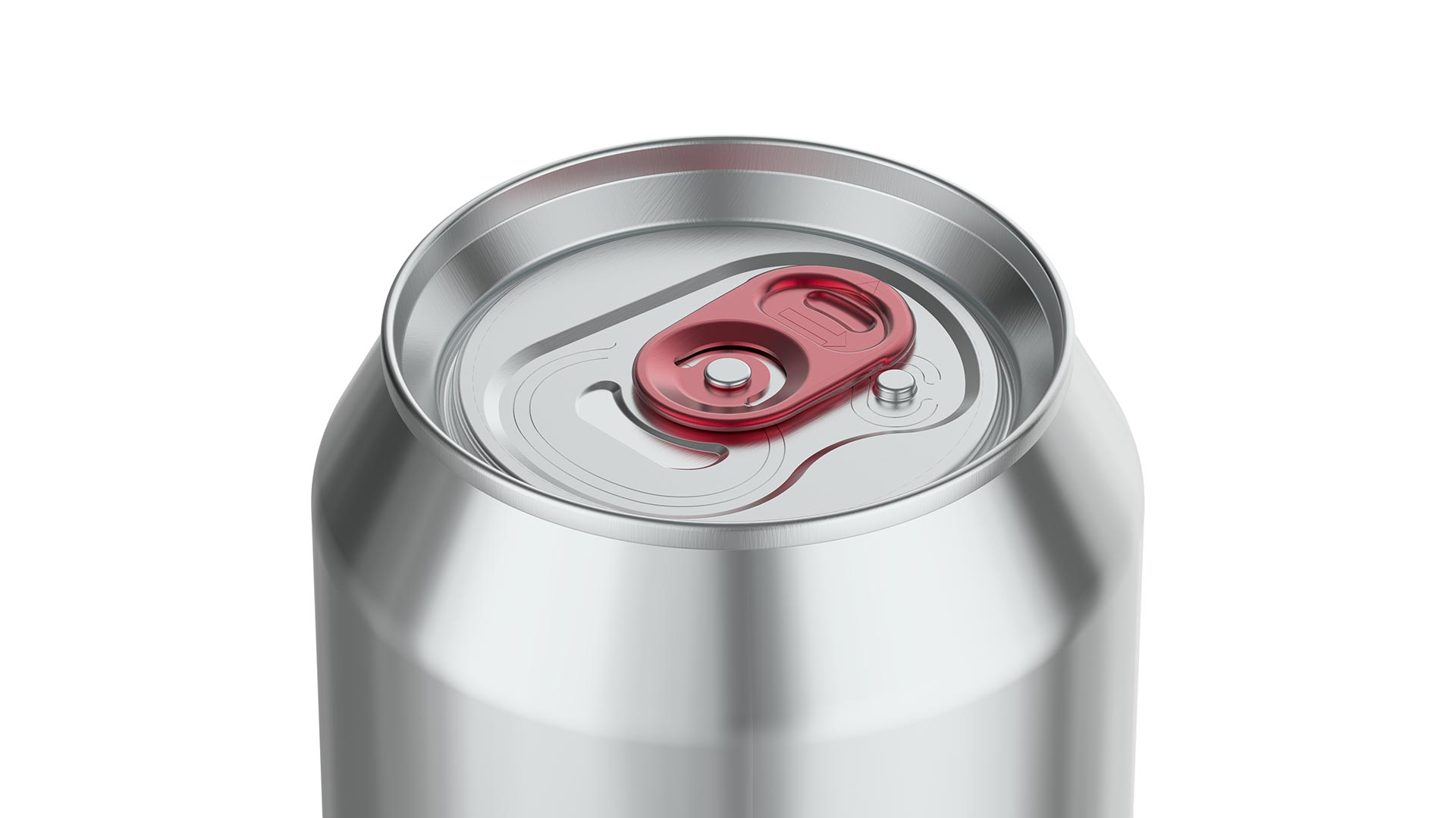 A silver aluminum can with a red pull tab