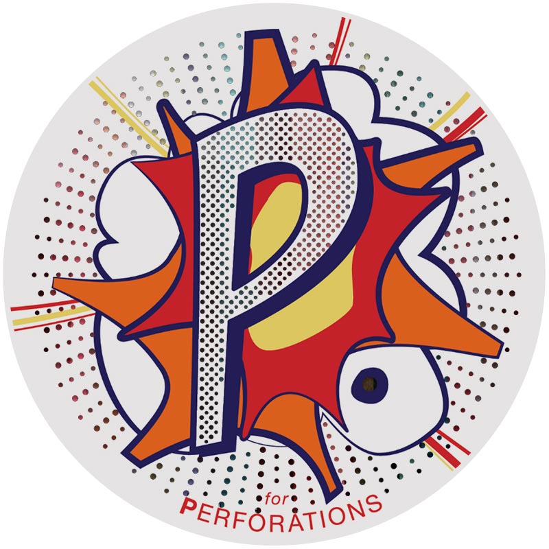perforation-2x.jpeg A capital letter "P" drawn in a comic book style with dot shading. The drawing reads: "P for Perforations."