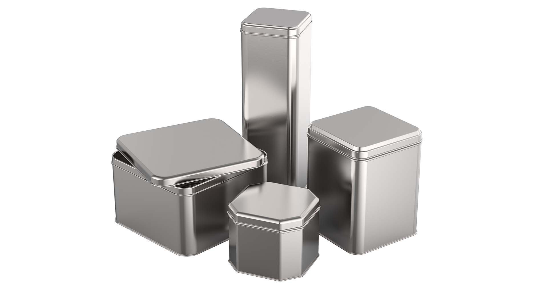 A collection of different sized square tins standing next to each other.