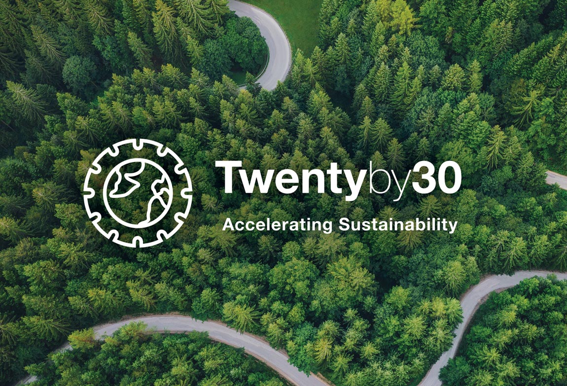 An overhead view of a forest, with the Twentyby30 logo overlayed.