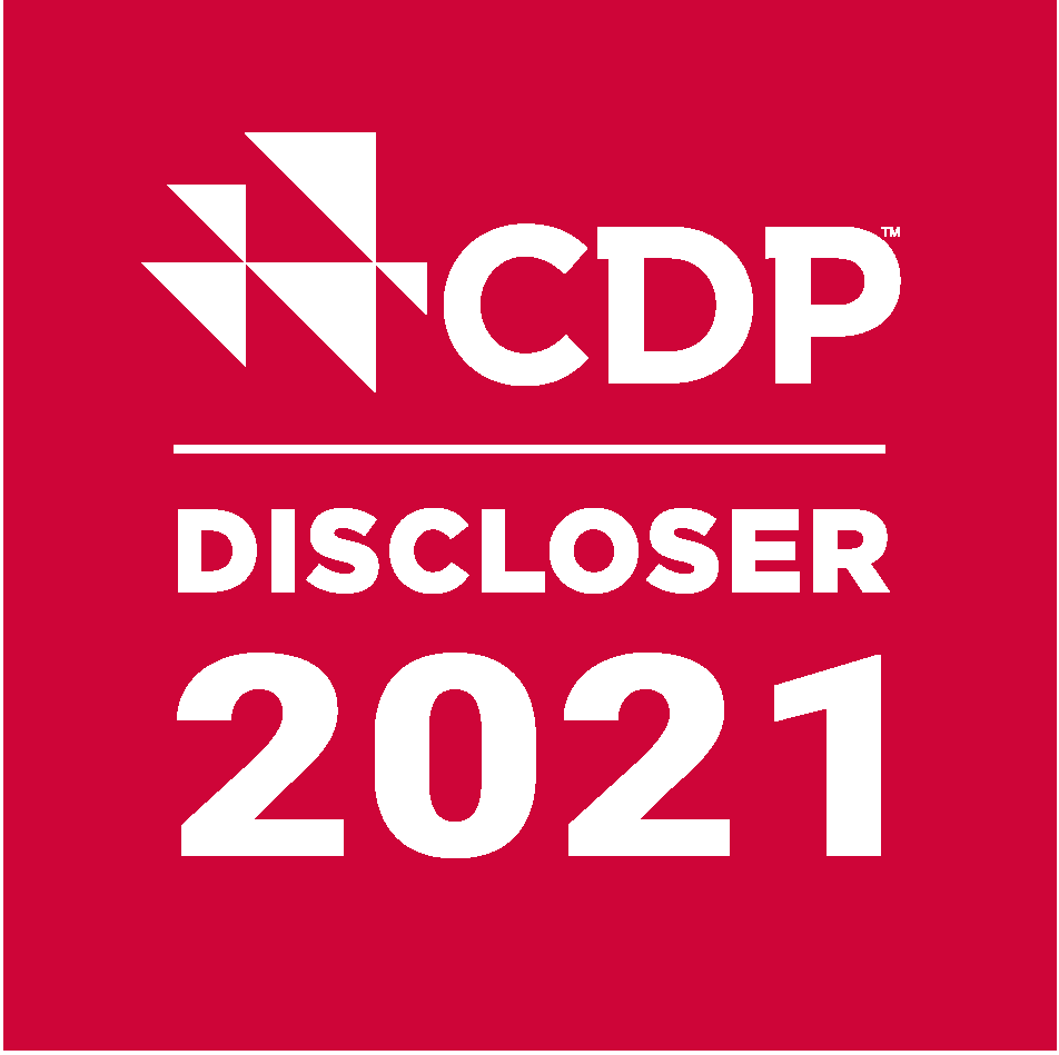 red square that has reversed out text with CDP Discloser 2021 text inside