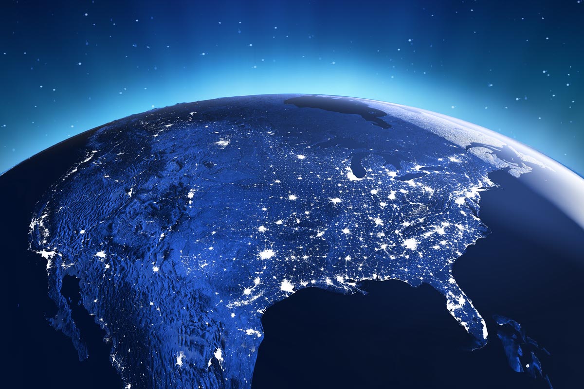 a view of the Earth focused on the United. States and Canada with lights scene from space