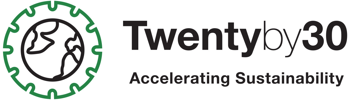 black earth icon with green cork around it with Twenty by 30 copy with text underneath Accelerating Sustainability