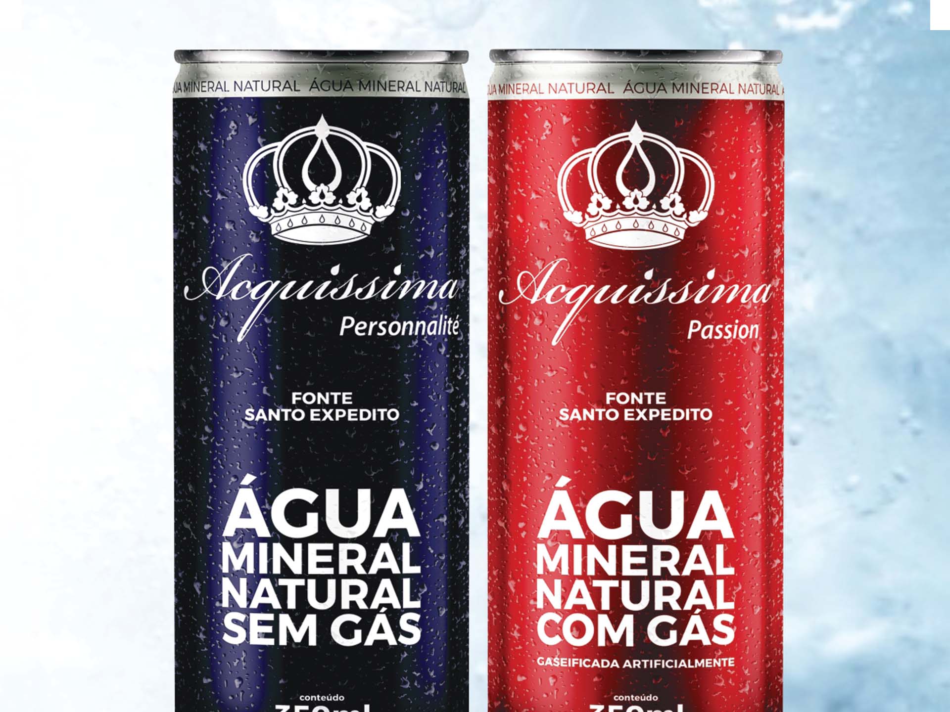 Two aluminum cans - one dark purple and one cherry red - against a light blue background.