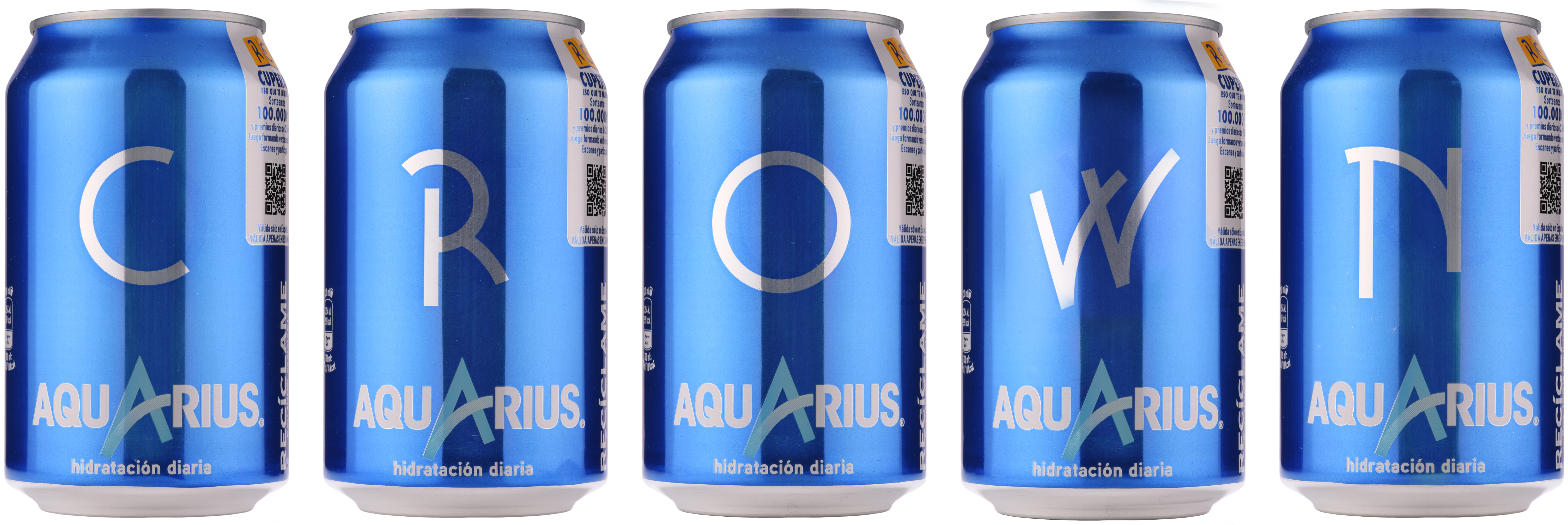 Several blue aluminum beverage cans. Each can has a letter on the front, spelling out the word "CROWN" together.