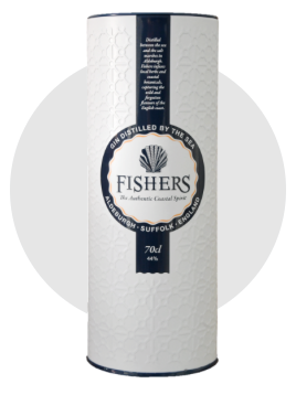 custom beverage packaging of a tall white textured cylinder containing a bottle of Fishers Gin