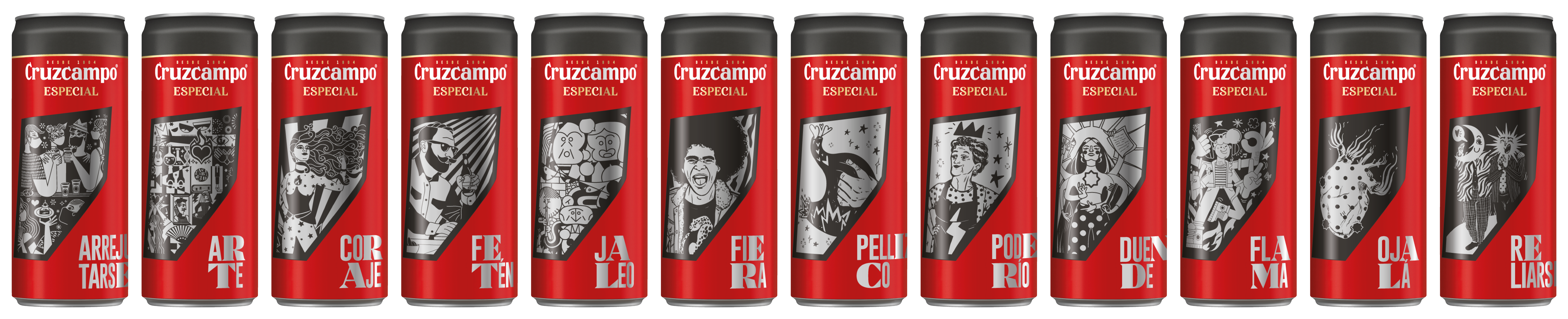 Twelve Cruzcamp Especial cans each with a different black and silver picture.