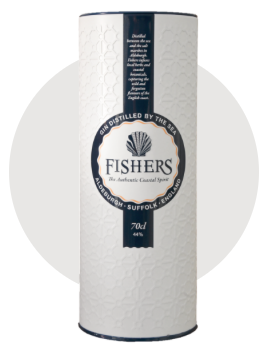 custom beverage packaging of a tall white textured cylinder containing a bottle of Fishers Gin