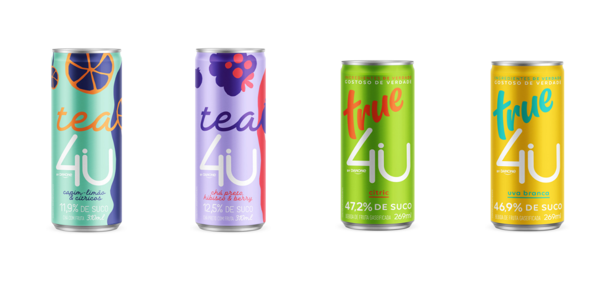 Four multi-colored beverage cans