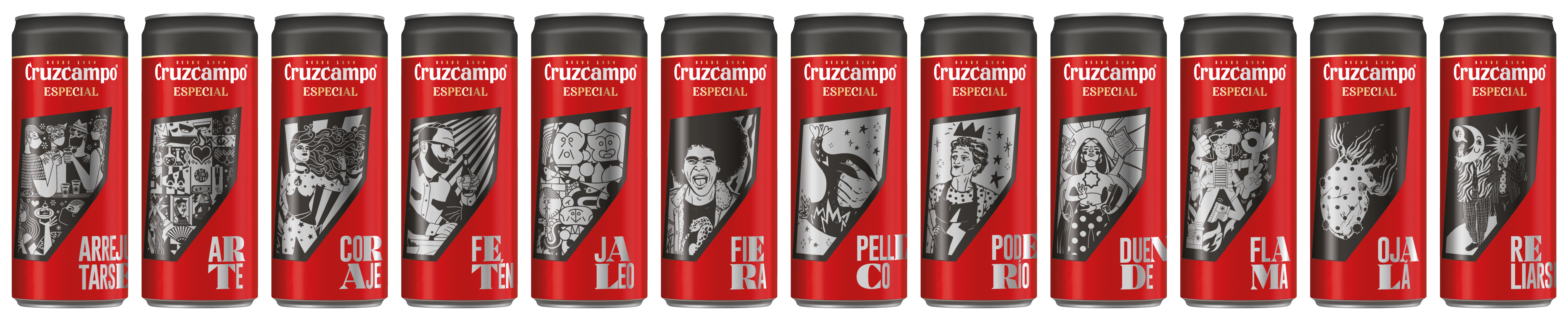 A row of Cruzcampo cans, which are red with black accents and greyscale artwork