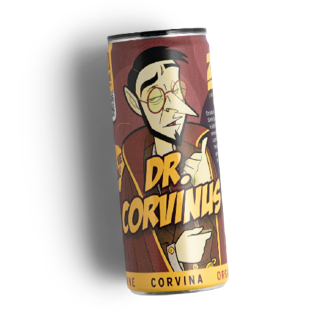 A Corvina can, which is brown with grayscale art of a man with glasses