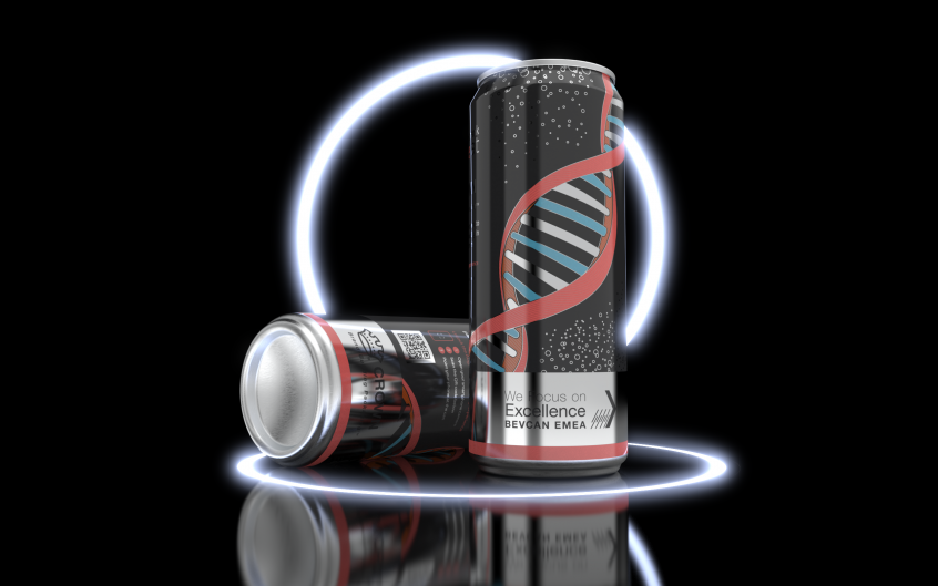 Two black cans with a DNA strand on them and the words "We focus on excellence - BevCan EMEA" across the bottom.