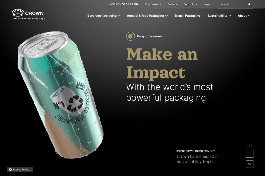 The CrownCork.com homepage, featuring the main banner area that says "Make an Impact with the world's most powerful packaging."