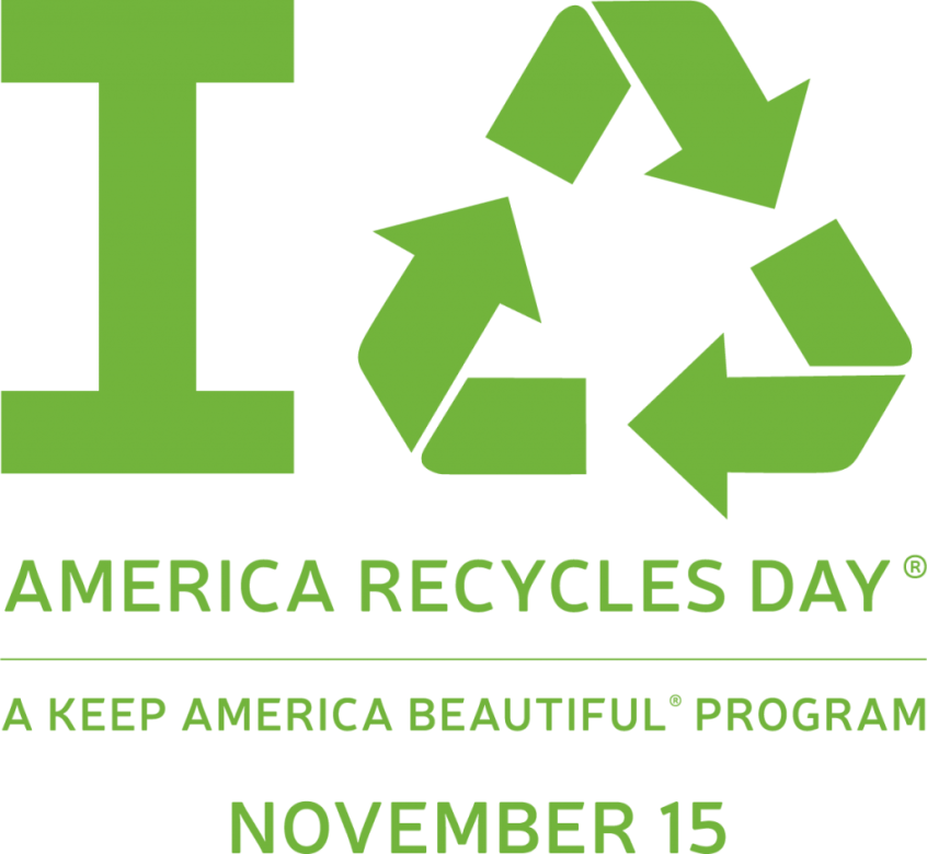 An image with green text that says, "I recycle. America Recycles Day. Keep America Beautiful Program. November 15."