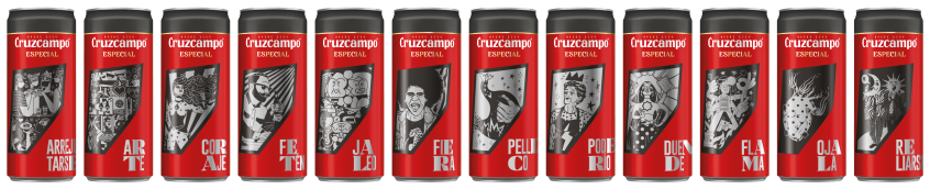 Twelve Cruzcamp Especial cans each with a different black and silver picture.