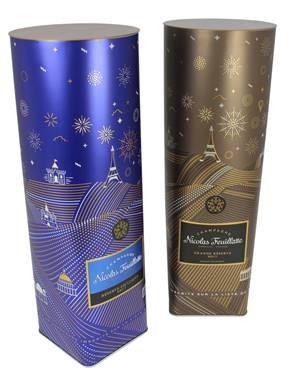 Gold and blue beverage packaging tins