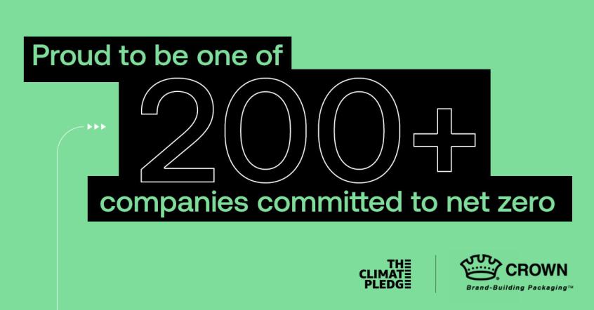 An infographic with a green and black color scheme. The text on the graphic reads: "Proud to be one of 200+ companies committed to net zero."