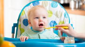 A baby sitting in a highchair is spoon-fed baby food by a person out-of-frame.