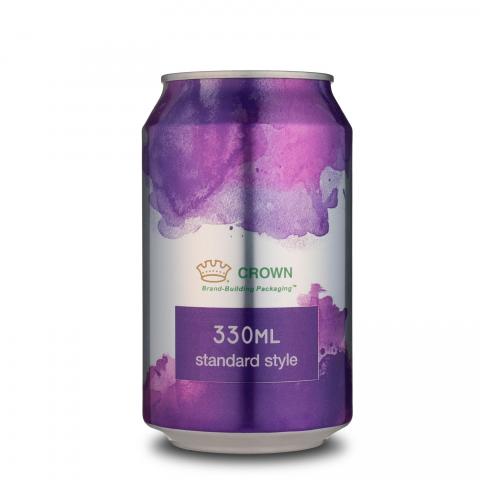 Full gloss can showing watercolor-like splashes of purple and pink on a silver background