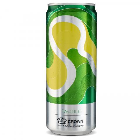 Can is upright showing green and yellow swirls mixed with glossy and textured surfaces. 