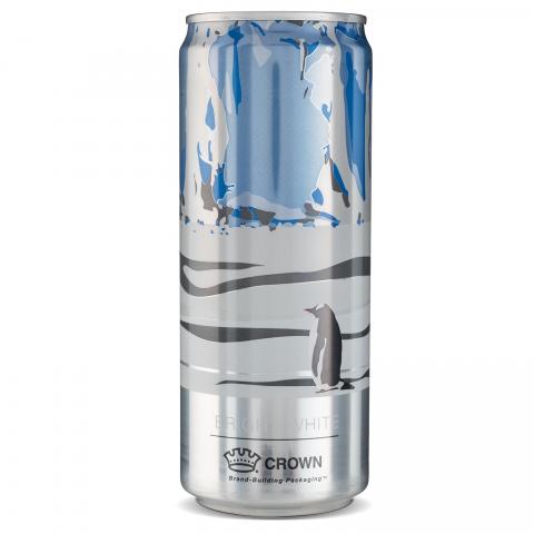 Full bright white can, blue iceberg, black and white stripes, and a penguin on a silver background