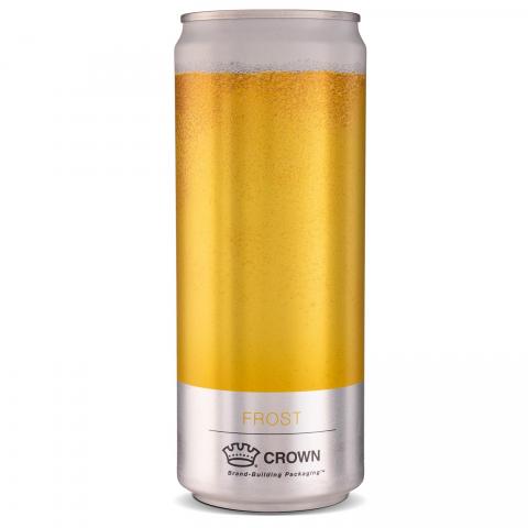 Detail of frost can with an amber color on the bottom and white, bubbly color on the top, giving the appearance of a glass of beer