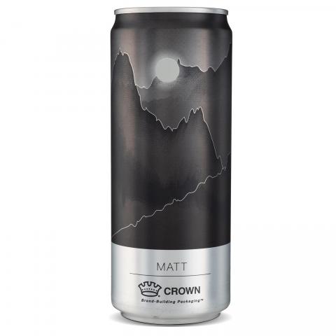 Full matte can with dark and light gray mountain pattern with a white sunburst above the mountains
