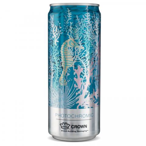 Image on a can changes colors when indoors and outdoors due to uv light.