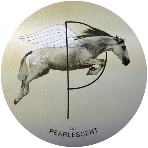 A pearlescent finish depicting a skinny capital "P" against a light grey background. A drawing of a horse with wings and stars on its legs is jumping through the hoop of the "P."