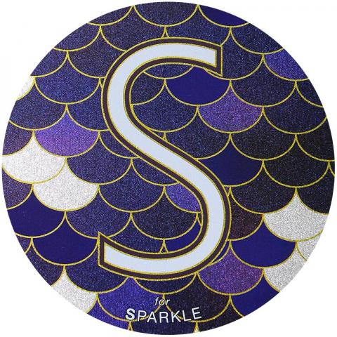 A sparkling finish depicting a capital "S" in white font, outlined by black and shiny gold against a fish scale background. The fish scales are colored white, purple, black, and gold.