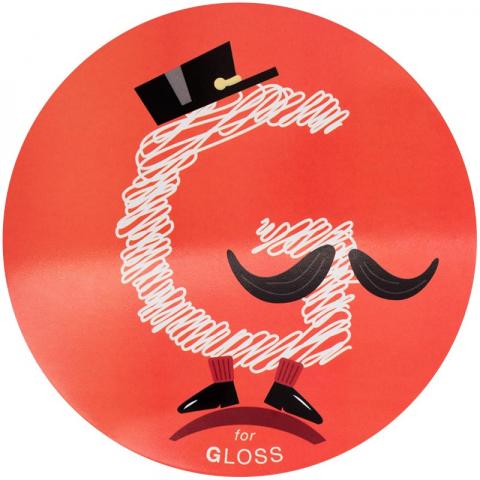 A gloss finish, with a capital "G" scribbled in white ink against a glossy red background. The "G" has been depicted to be wearing a short conductors hat and cute little dress shoes, while sporting a fancy mustache.