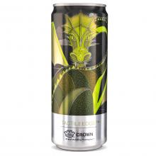 Can is upright showing a green and yellow dragon with a mix of smooth and textured features for the face, tail and body.