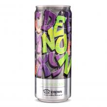 An aluminum beverage can with a green and purple fluorescent graphic treatment applied.
