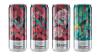 Four cans standing upright with different colors and print graphics