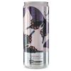 Full size sparkle custom printed aluminum can showing a purple and black butterflies with pink and blue details on a pinkish-silver background.
