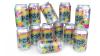 Multiple cans stacked in a group with multicolored printed designs